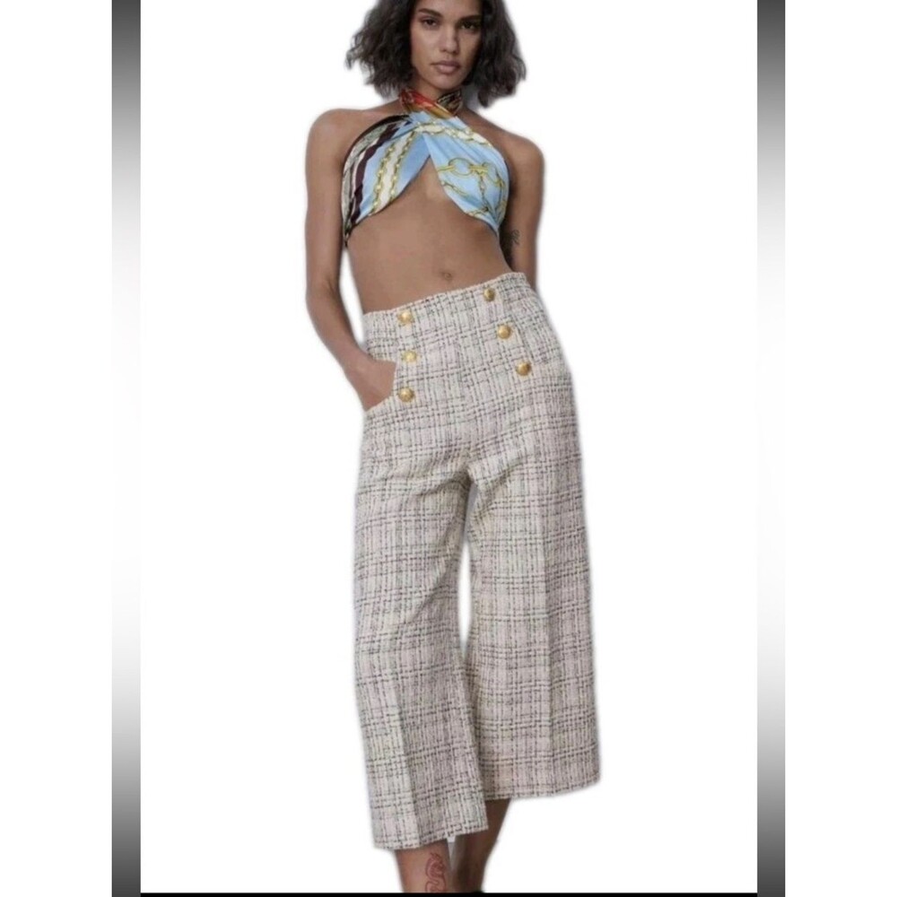 ZARA Tweed Plaid Gold Button Sailor Crop Culottes Wide Leg Pants Sz S